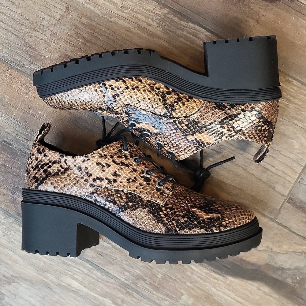 Topshop Snakeskin Print Lace-up Chunky Heel Brogue Shoes, Size 8 - Picture 4 of 16